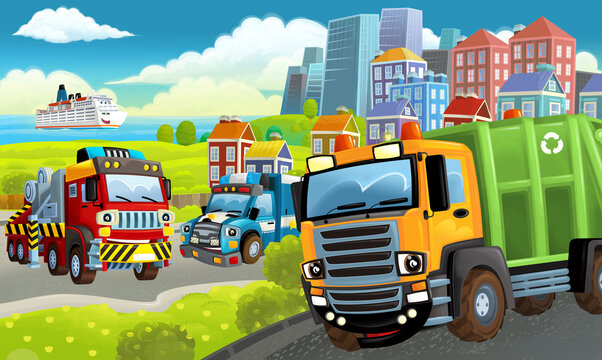 cartoon happy scene with different vehicles and dumper car illustration