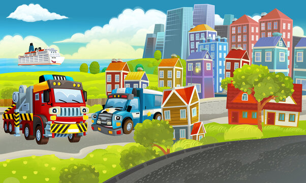 cartoon happy scene with different vehicles cars illustration © honeyflavour