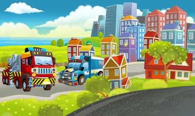 cartoon happy scene with different vehicles cars illustration