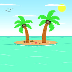 Fototapeta na wymiar tropical island with palm trees flat vector illustration. palm trees on the beach island flat vector.