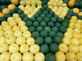 Fresh lemons and avocados, fruits and vegetables on the market