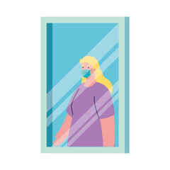 Woman avatar with mask behind window design of Stay at home theme Vector illustration
