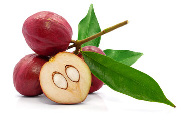 Phaleria macrocarpa fruit or God`s crown fruit isolated on white background.