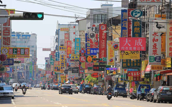 TAICHUNG;TAIWAN,APRIL 12: the street which full of advertising board in Taichung on12 April 2015. Taichung is one of biggest city in Taiwan