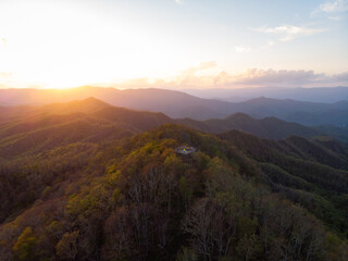 Aerial View of the Wesser Bald Fire Tower in the Nantahala National Forest in Western North Carolina at Sunset