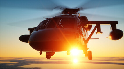 Fototapeta na wymiar Military helicopter UH-60 Black hawk, wonderfull sunset. 3d rendering.