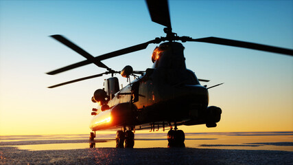 Military helicopter chinook, wonderfull sunset. 3d rendering. - obrazy, fototapety, plakaty