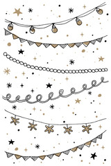 Hand drawn sketch garlands with flags and light bulbs.