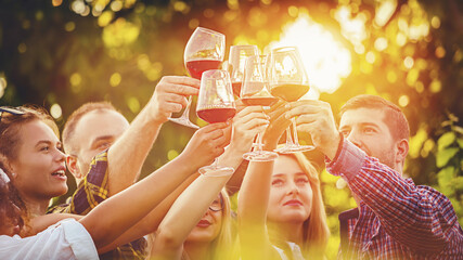 Multiracial group of friends toasting red wine at outdoor restaurant party - 356267705