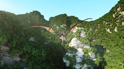 pterodactyl on rocky cliffs. prehistoric nature, dinosaurus. 3d rendering. © 3D motion
