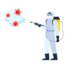 Man with protective suit spraying covid 19 virus design, Disinfects clean antibacterial and hygiene theme Vector illustration