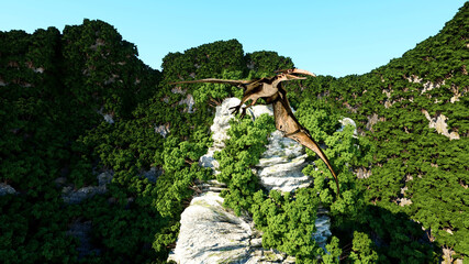 pterodactyl on rocky cliffs. prehistoric nature, dinosaurus. 3d rendering. © 3D motion