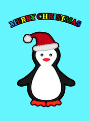 merry christmas card with cartoon style penguin wearing santa claus hat