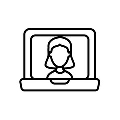 laptop computer with avatar woman on screen, line style
