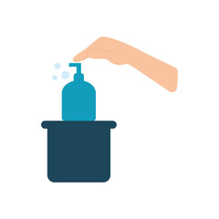 hand pushing a soap bottle icon, flat style