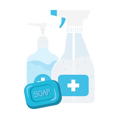 Hands sanitizer bottle and soap bar design, Disinfects clean antibacterial and hygiene theme Vector illustration