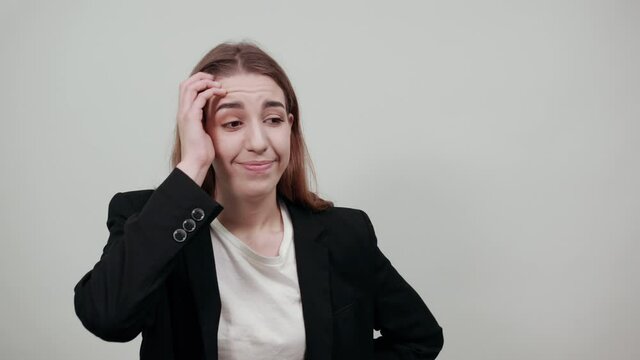 Forgetful holding hand to hair, touches head forgot something important she regrets about mistake feels stressed, bad memory absent-mindedness, facepalm disappointed, slapping forehead, oversight