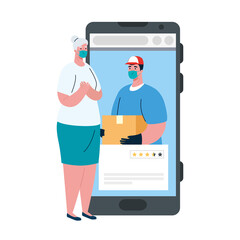 woman client and man with mask and box on smartphone design, Safe delivery logistics and transportation theme Vector illustration