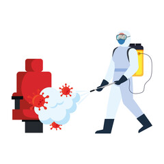 Man with protective suit spraying movie chair with covid 19 virus design, Disinfects clean and antibacterial theme Vector illustration