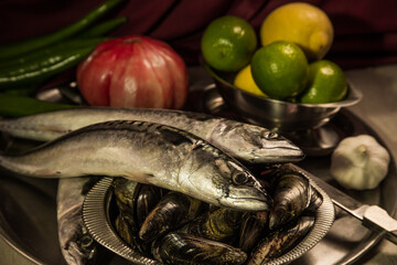 fresh fish and vegetables,  seafood.