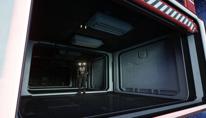alone astronaut in space. Sci fi futuristic corridor. view of the earth. 3d rendering.