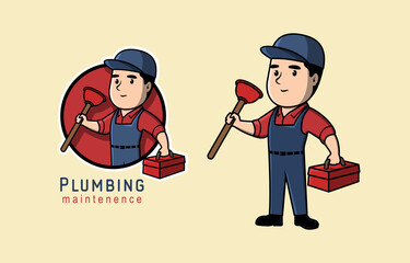 Plumbing service and maintenance logo design concept. Plumber Characters halding box and Suction Pump. Vector illustrations.