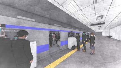 電車黄色 ホーム ドア開く 人有り イラスト71 Wall Mural Hiro Studio