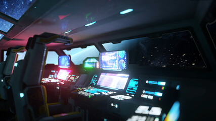 space ship futuristic interior. Cabine view. Galactic travel concept. 3d rendering.