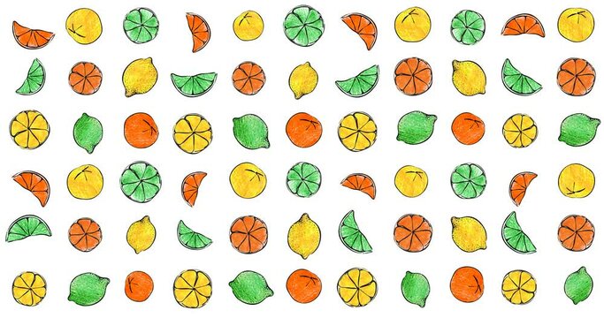 Fresh colorful summer crayon hand drawn animated citrus orange lemon lime candy gelatine seamless pattern texture. High quality 4k video footage. For fruity summer backgrounds, banners or ads.
