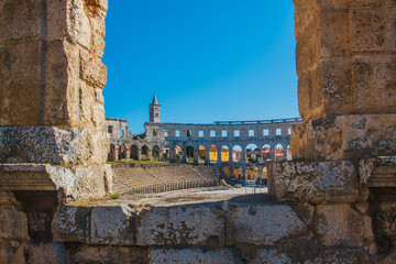View of Ancient roman amphitheater in the croatian city Pula.
