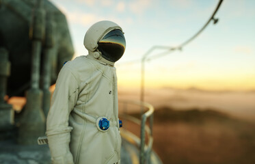 alone astronaut on alien planet. Martian on metal base. Future concept. 3d rendering.
