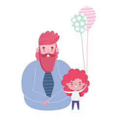 happy fathers day, man with daughter and balloons decoration
