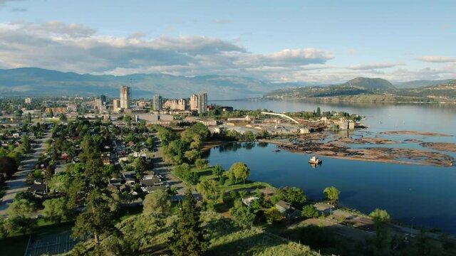 Aerial Drone Shot of Kelowna At Sunrise, Beautiful British Columbia Canada City, Okanagan Canada
