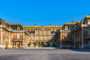 Versailles, France - July 7, 2018 : Head (main) entrance of Versailles Palace. Versailles, France. Versailles palace entrance, symbol of king Louis XIV power, France.