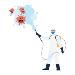 Man with protective suit spraying covid 19 virus cartoons design, Disinfects clean antibacterial and hygiene theme Vector illustration