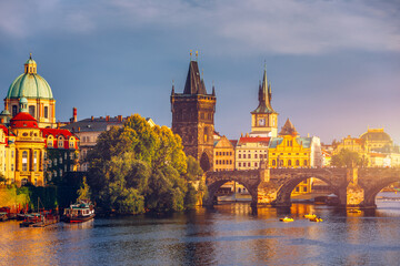 Charles Bridge in Prague in Czechia. Prague, Czech Republic. Charles Bridge (Karluv Most) and Old...