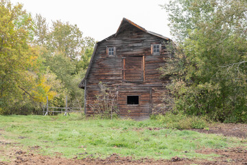 old rustic brown barn surrounded by green trees