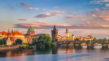 Naklejka na ściany i meble Famous iconic image of Charles bridge, Prague, Czech Republic. Concept of world travel, sightseeing and tourism.