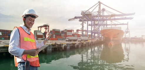 container boat and cargo pier wearhouse with Asian worker staff engineer hold tablet
