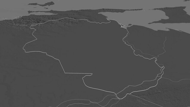 Monagas, state with its capital, zoomed and extruded on the bilevel map of Venezuela in the conformal Stereographic projection. Animation 3D