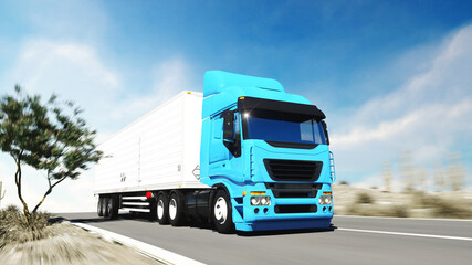 Truck on the road, highway. Transports, logistics concept. 3d rendering.