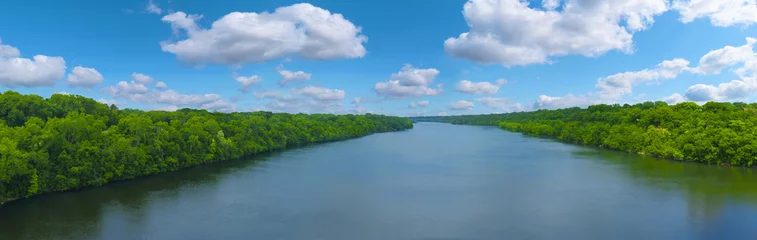 Fotobehang The Big Mississippi river panorama with blue sky and white clouds  © milen69