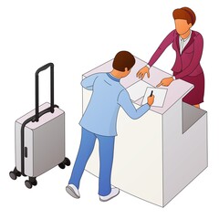 Two people interact near the reception or counter