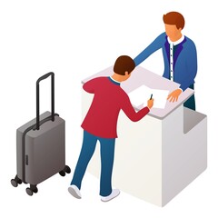 Two people interact near the reception or counter