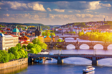 Scenic view on Vltava river and historical center of Prague, buildings and landmarks of old town, Prague, Czech Republic. Charles Bridge (Karluv Most) and Lesser Town Tower, Prague, Czechia