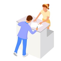 Two people interact near the reception or counter