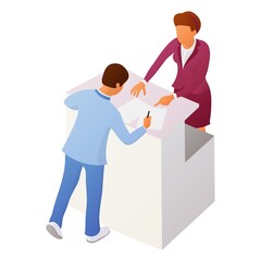 Two people interact near the reception or counter