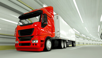 red truckin a tunnel. fast driving. 3d rendering.