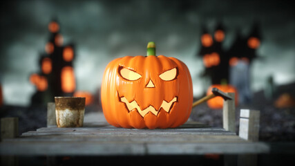Halloween pumpkin in a spooky graveyard. Hallowenn concept. 3d rendering.