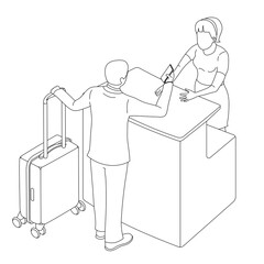 Two people interact near the reception or counter